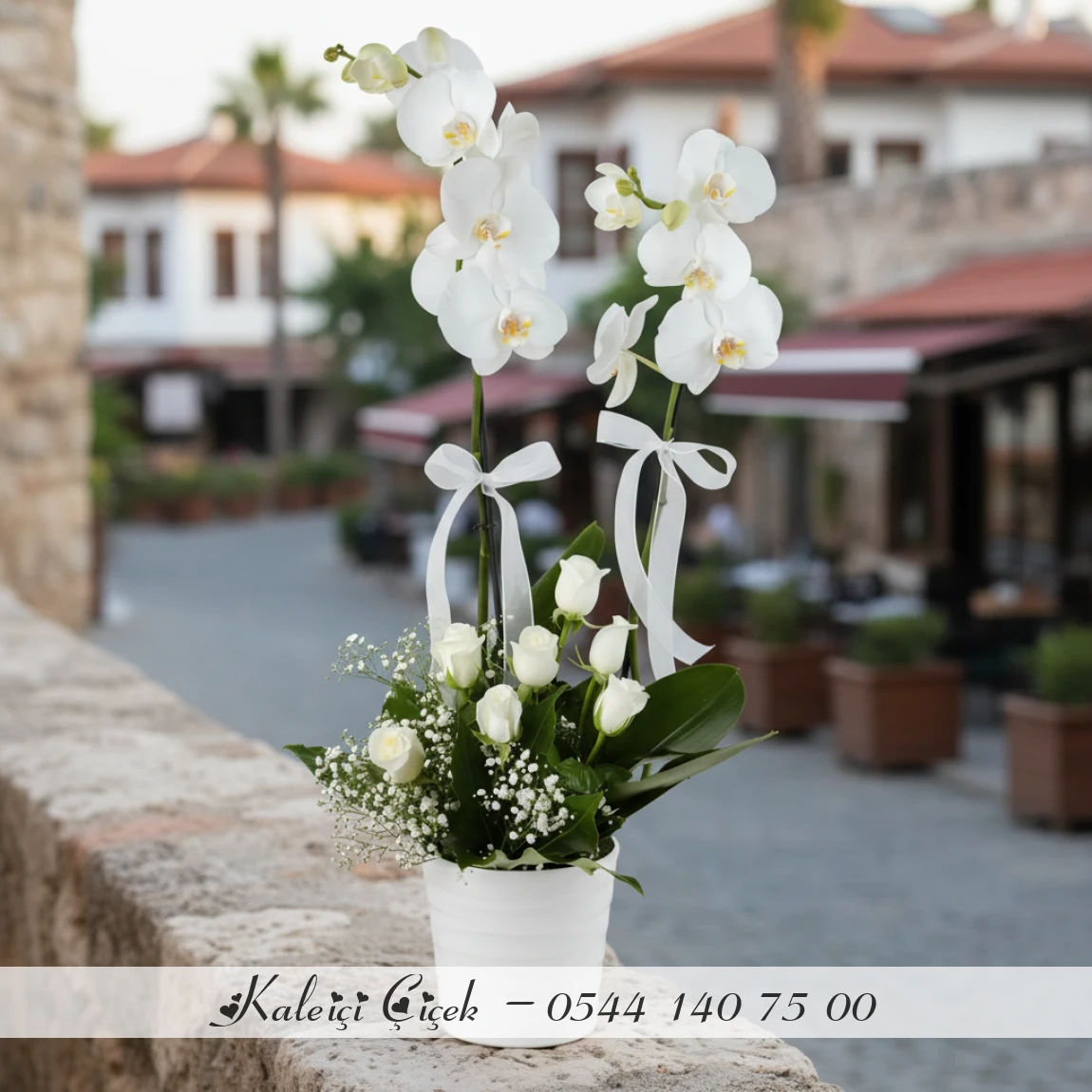 Beyaz Gül Aranjmanlı 1.Sınıf İthal Çift Dal Orkide