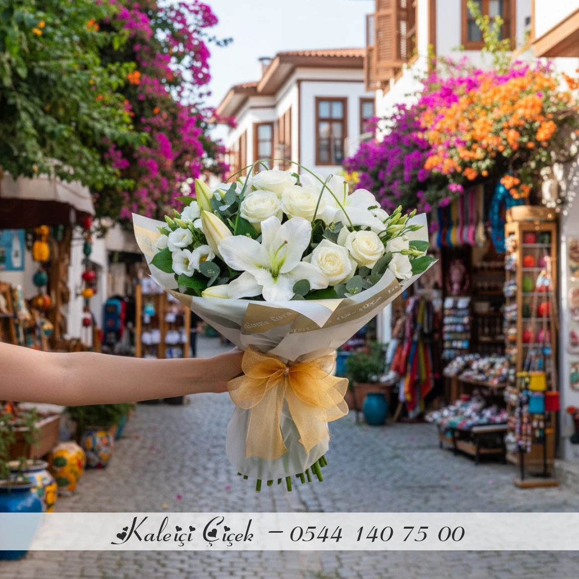 Beyaz Lilyum-Zambak Ve Gül Buketi