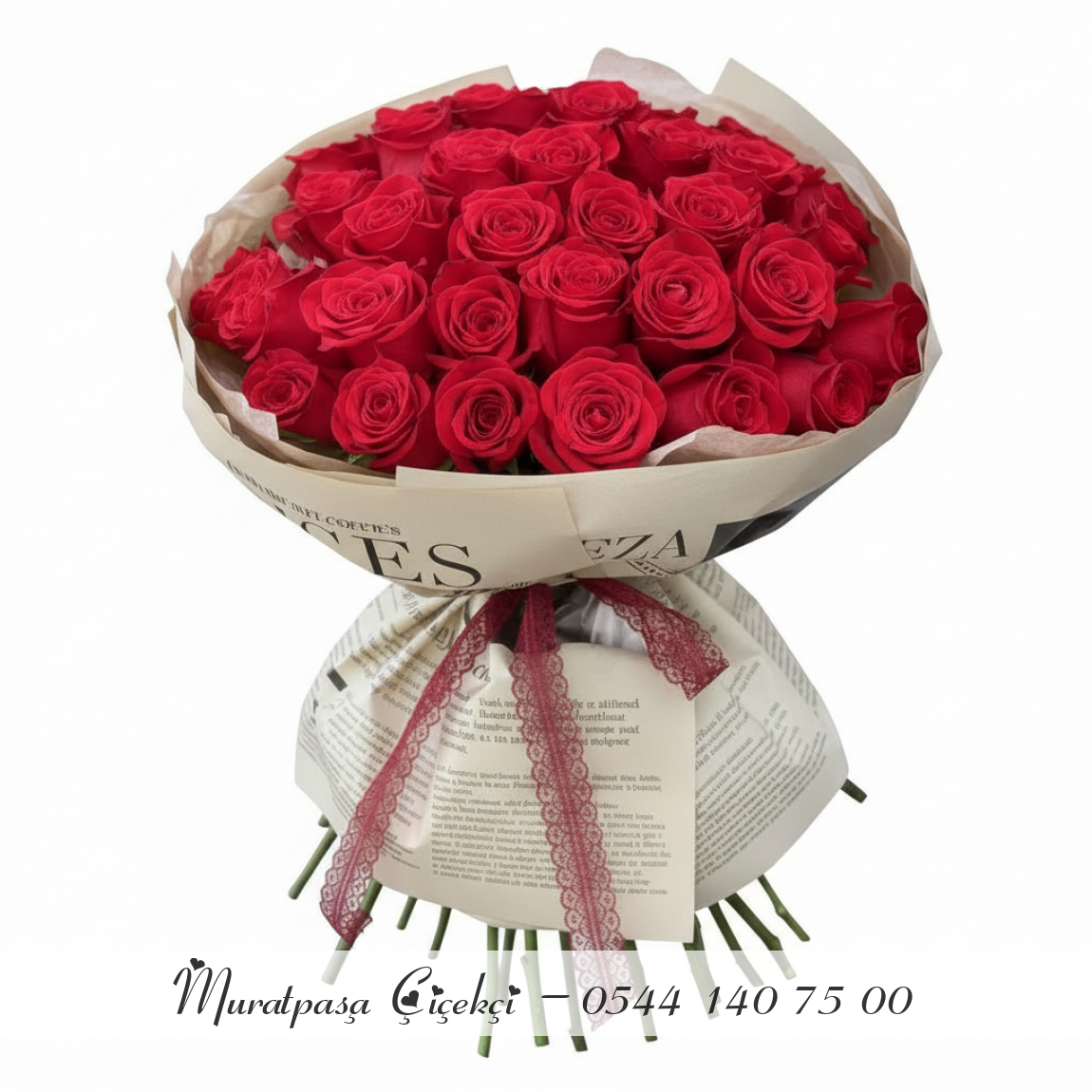 Gazete Desenli Aranjmanlı 41 Adet İthal Kırmızı Gül 60Cm