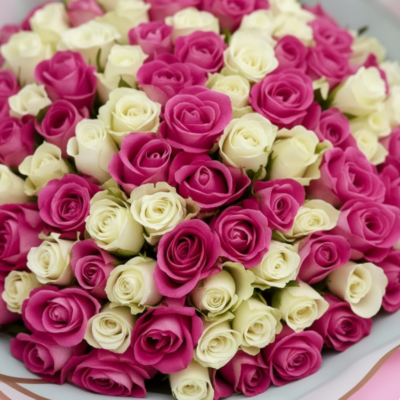 101 Adet İthal Fuşya Ve Beyaz Gül 70Cm