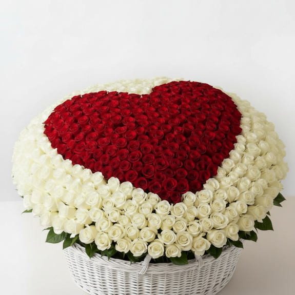 301 Adet Büyük Sepette Kırmızı Ve Beyaz Gül