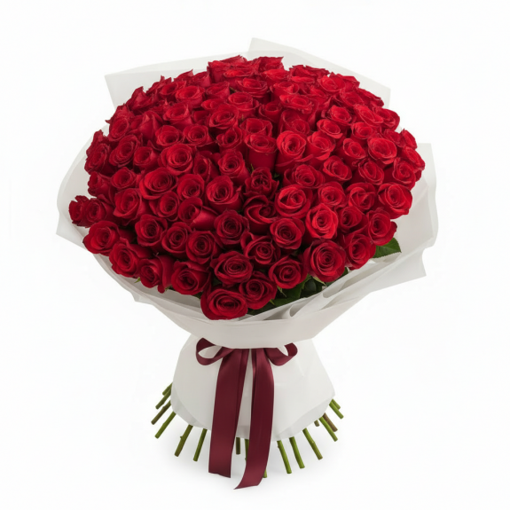 Beyaz Aranjmanlı - 101 Adet İthal Kırmızı Gül