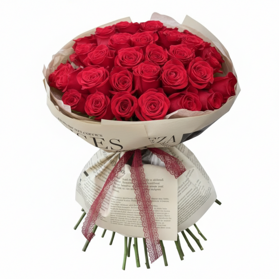 Gazete Desenli Aranjmanlı 41 Adet İthal Kırmızı Gül 60Cm