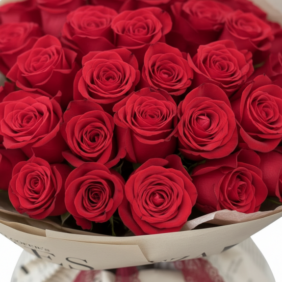 Gazete Desenli Aranjmanlı 41 Adet İthal Kırmızı Gül 60Cm